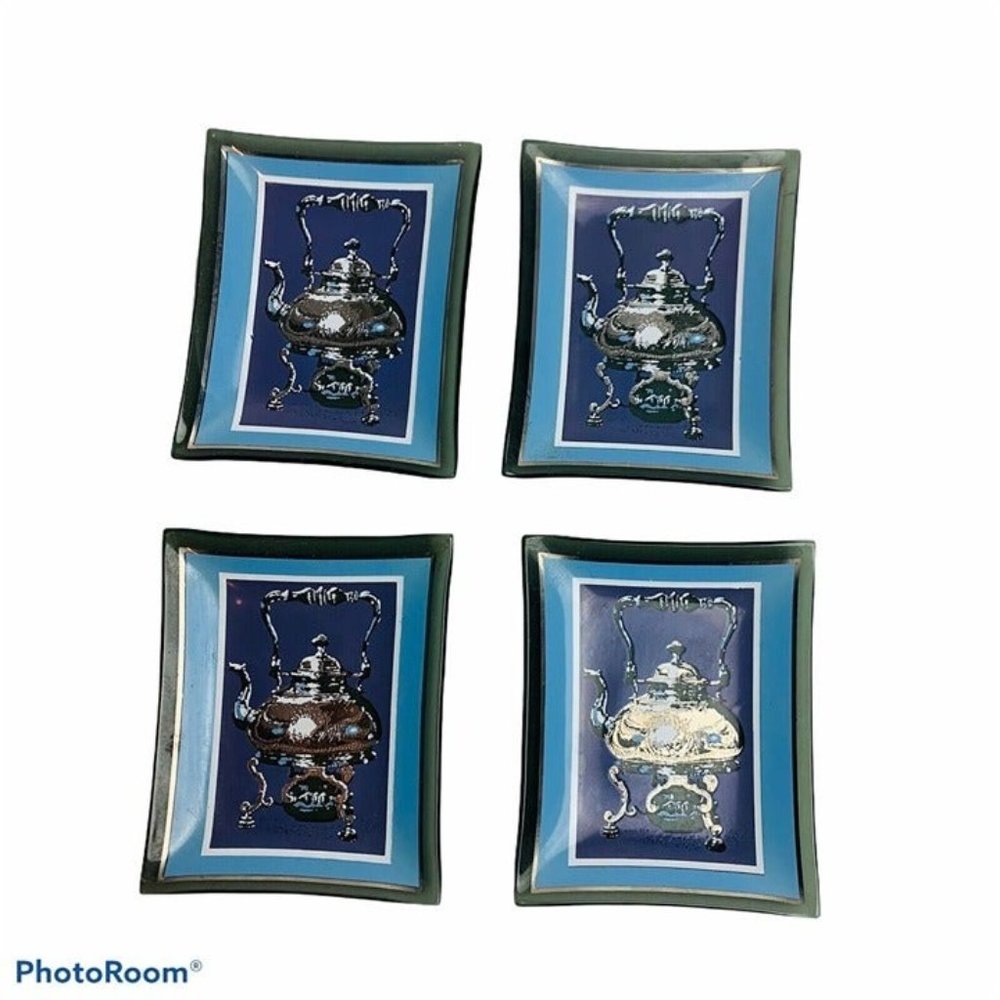 Lot Of 4 Houze Art Glass Tray Teapot Kettle Trinket Dish Black Blue Rectangle 3"